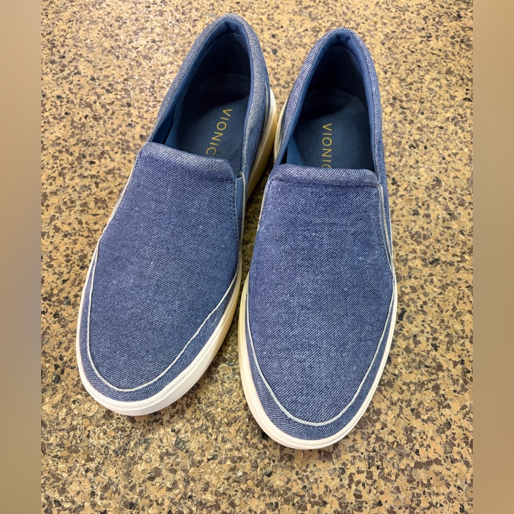 Vionic Slip-On Canvas Sneakers in Denim Blue and White
